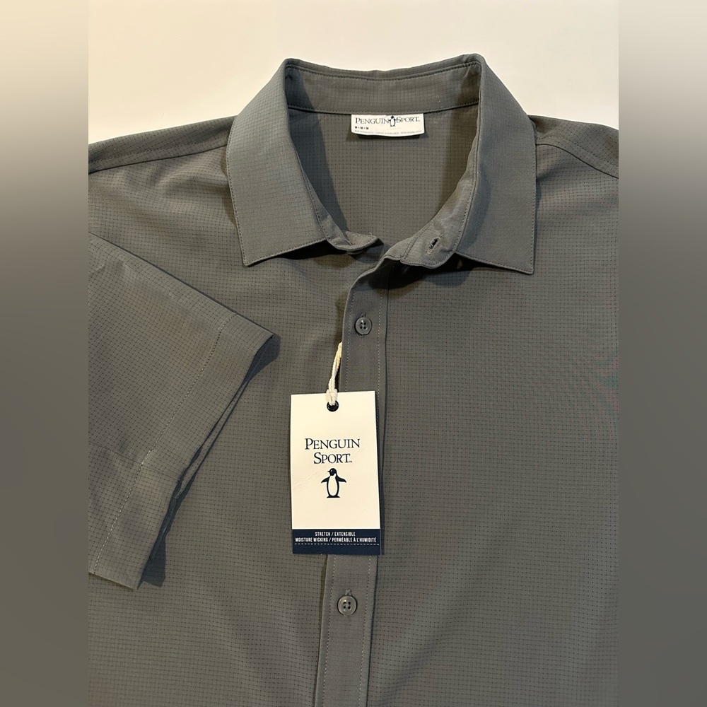 Penguin Sport Men's Sz M Short Sleeve Button Up Quiet Shade Gray Stretch Shirt